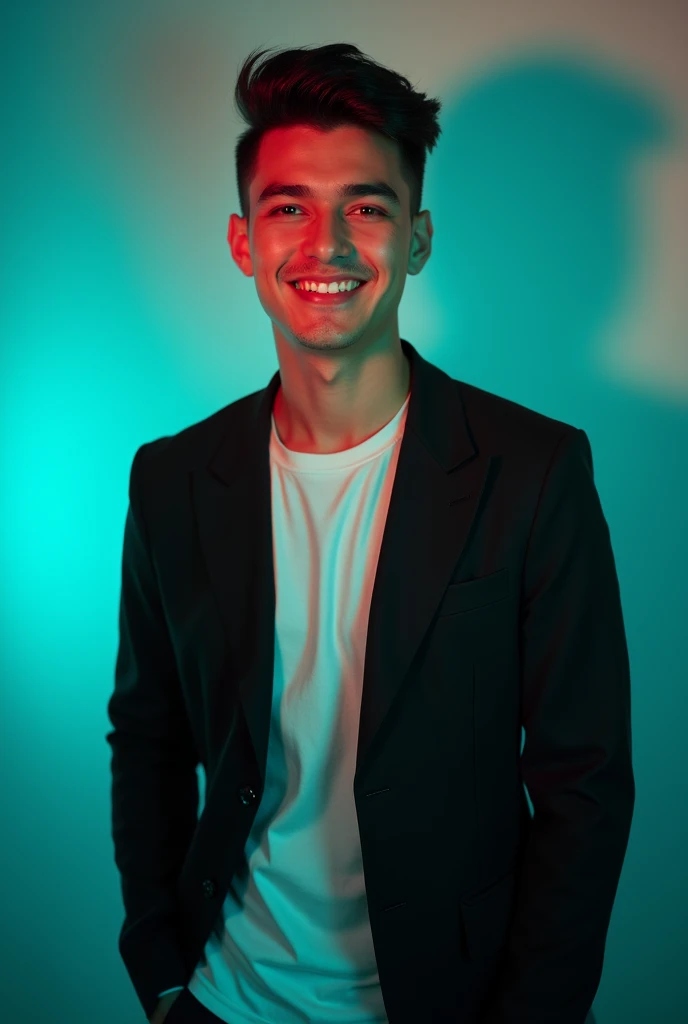 A young Man With Dark hair and a confident smile He is Dressed in a black blazer over a white shirt The man is positioned against aqua colour backdrop with a subtle red lighting on t