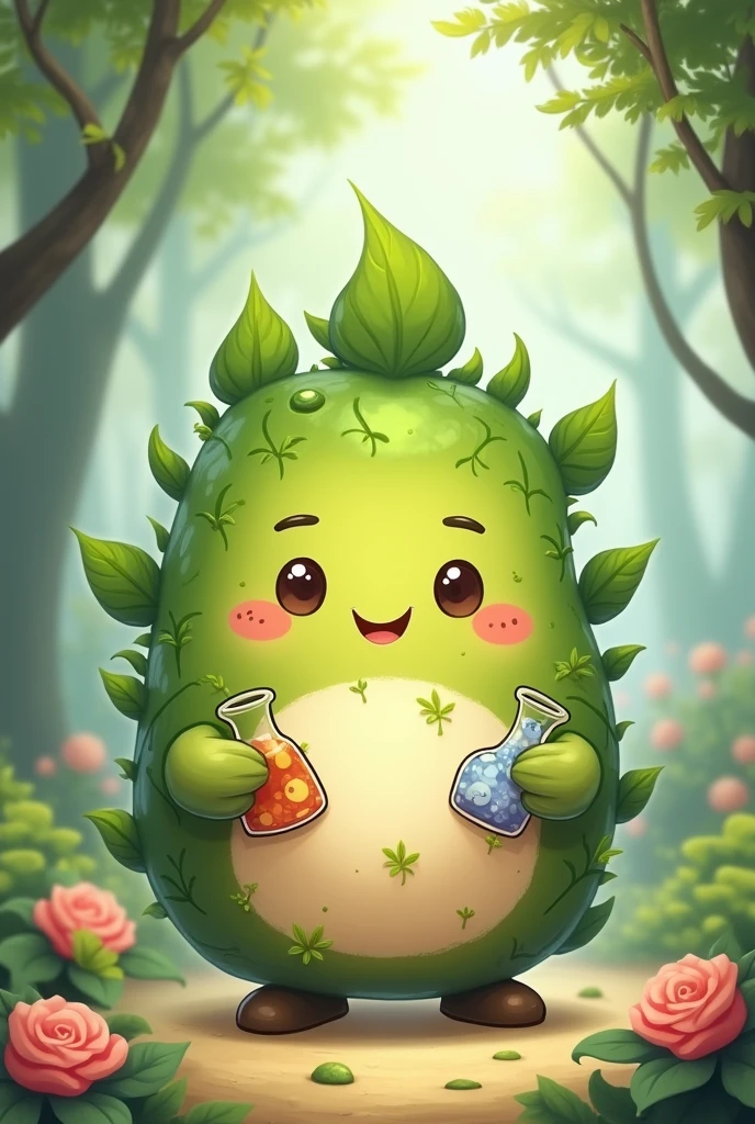 A cute mascot character of camphor tree holding glassware