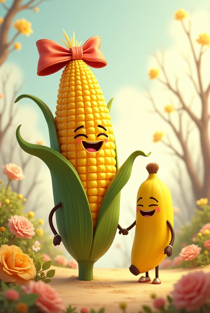 Corn with a big bow on its head, popcorn and banana groom with hair