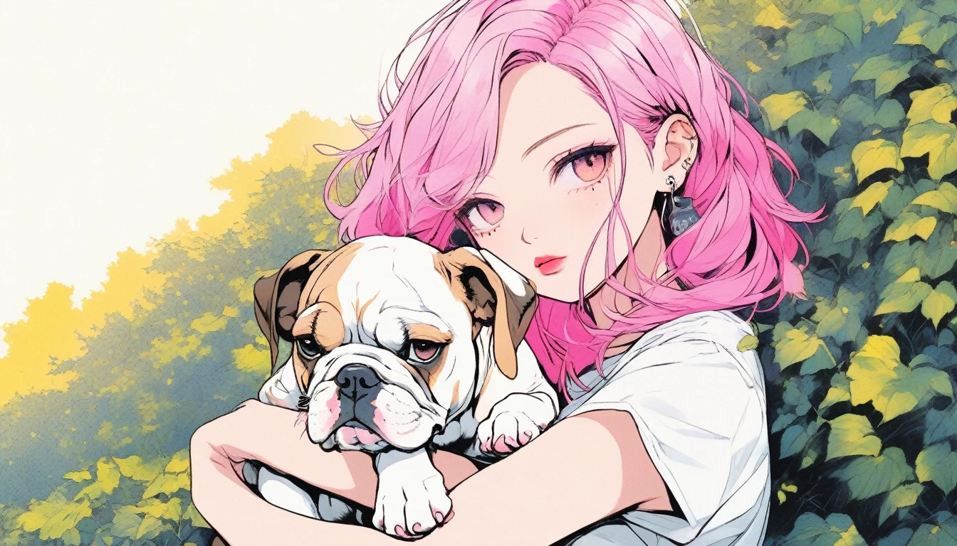 Illustrator, anime , Realistic ,sketch ,1woman, delicate,lip, T-Shirts,order,Textured Trim, (masterpiece,Highest quality,High resolution, Super detailed) ,Neon Hair,Canadian, (masterpiece,Highest quality) Cancer,Late summer,Cute bulldog puppy,