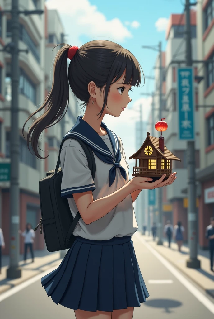 Female high school student in uniform and hair tied back in a ponytail walking on the street with a chopstick house in her hands