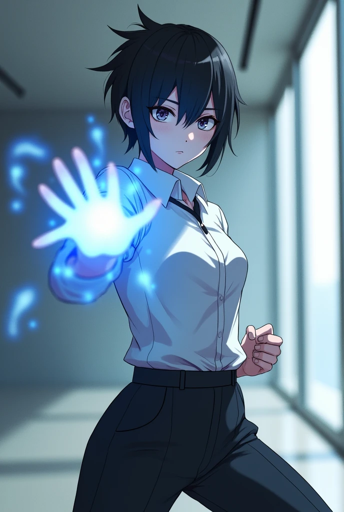 Generate a girl but she is tomboy and corporate uniform and white face with short hair and she have a blue aura in her hands and can do the martial arts anime