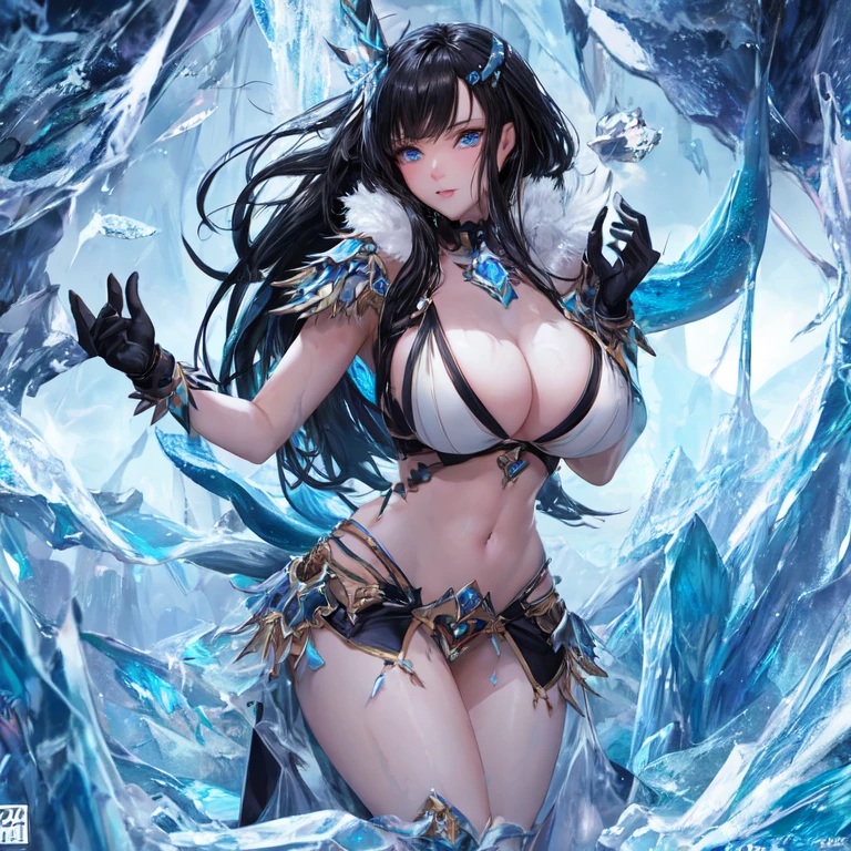 monster-maiden with ice skin , beautiful, with black hair, blue eyes ,covered in ice and with big breasts against the backdrop of an ice cave