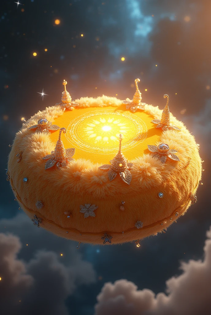 A circular cosmic pillow of golden color and some jewellery attached on it.
