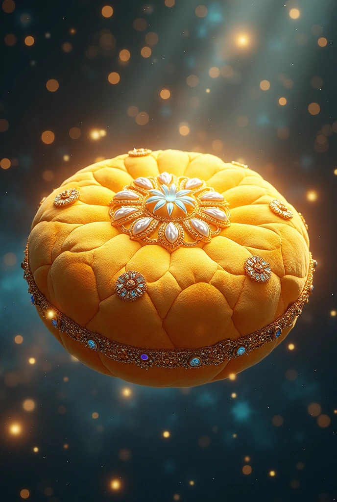 A circular cosmic pillow of golden color and some jewellery attached on it. 