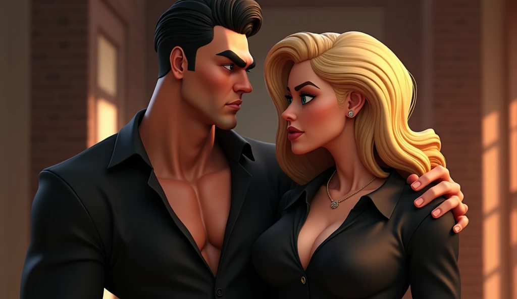 mafia couple (black hair male, blonde hair females), suiteless, shirts, 3D cartoon, masterpiece, extreme detail, cinematic lighting