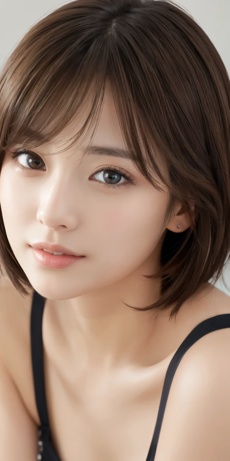 masterpiece、highest quality、High resolution、table top、wallpaper、realistic、bright lighting、professional lighting、face light、smooth lighting、japanese woman、adult、Beautiful woman、action、gravure、sexy、poor、super beautiful、beautiful skin、beautiful and detailed eyes、detailed face、slim、moderately、short hair、brunette colored hair、brown eyes、look at the camera、i have lemon