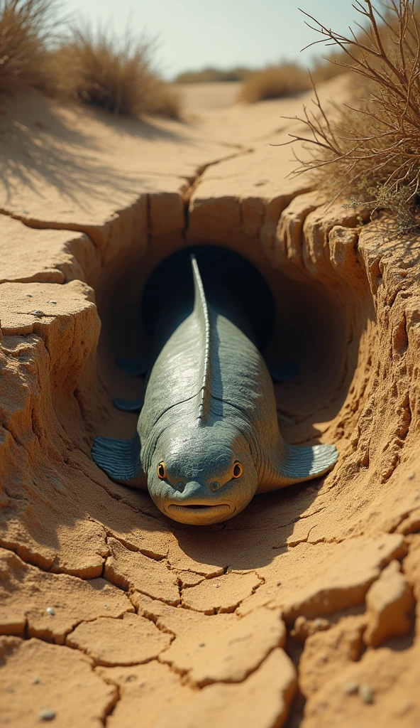 Create an image of a lungfish burrowed into the ground, surviving without water.4k