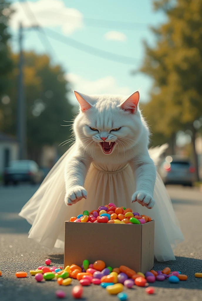 the white cat mother in dress throw the all colors   box on the road  in angry mood
