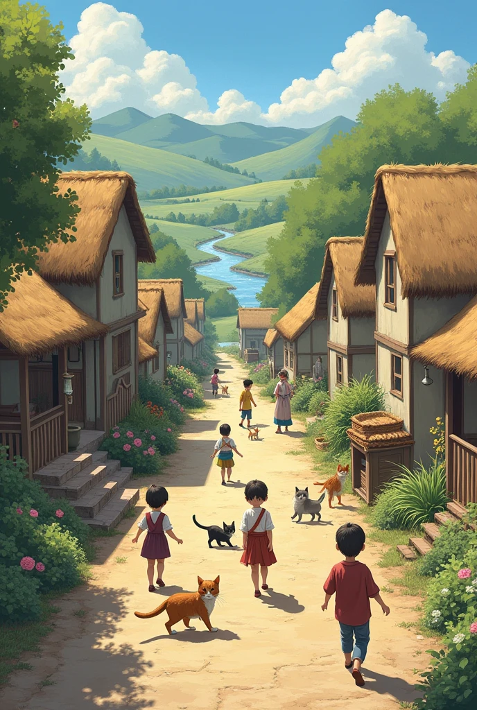 Normal Life Returns**: The village life going back to normal, with villagers and cats happily coexisting.