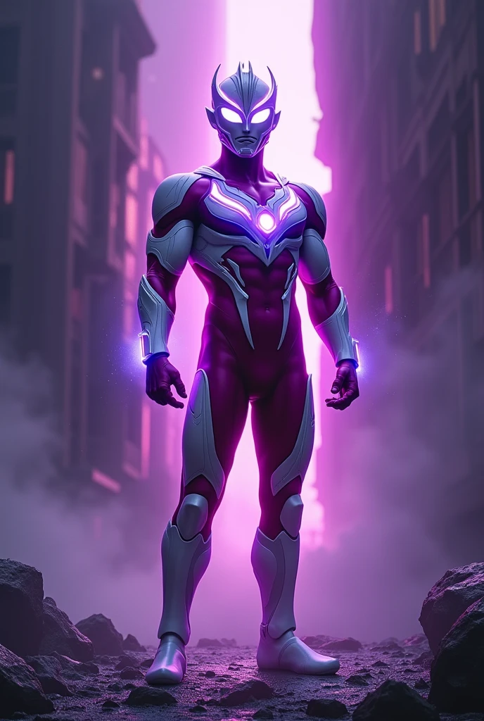 Ultraman, colored mix with all white and neon purple, hero, cinematic, smooth