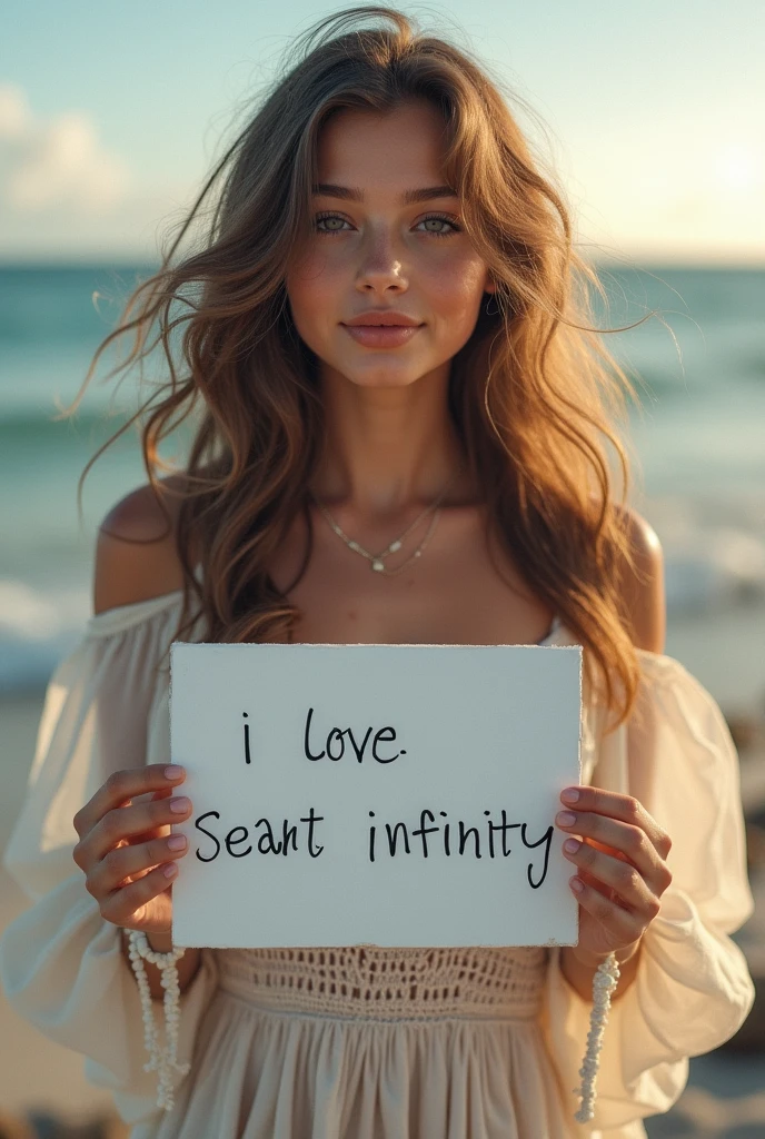 Beautiful girl with wavy long hair, bohemian dress, holding a white board with text "I Love Seaart Infinity" and showing it to the viewer