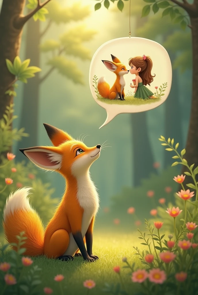 Realistic and cute,A yellow female fox who longs for love,Stand up,Speech bubble above head,A scene of love between a man and a woman appears in the bubbles,Cute realistic style,Surrounded by love,Background forest garden