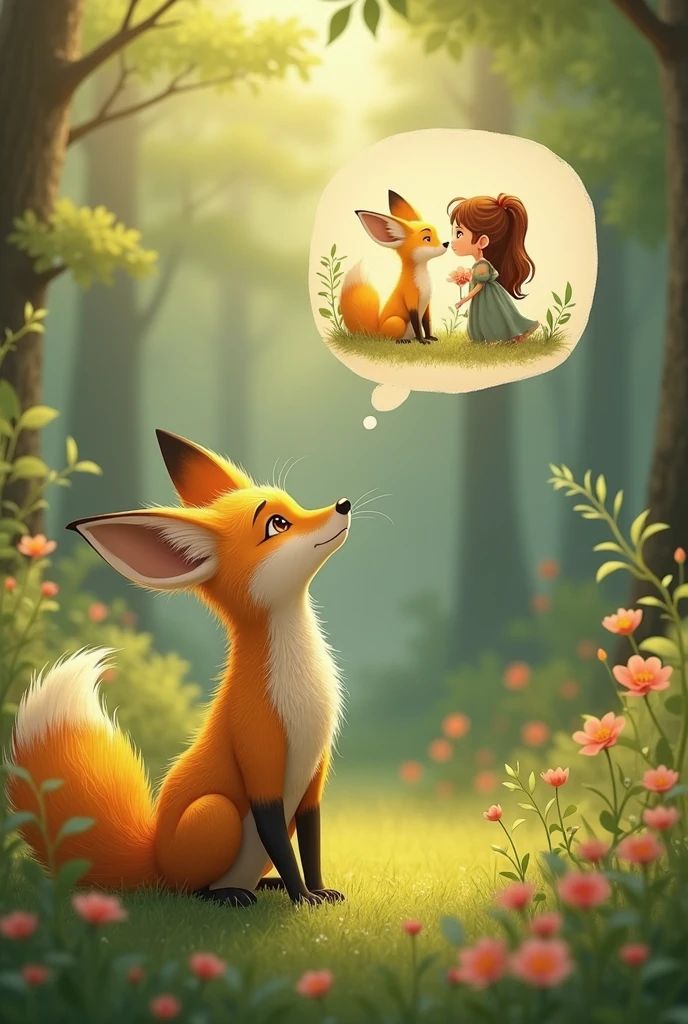 Realistic and cute,A yellow female fox who longs for love,Stand up,Speech bubble above head,A scene of love between a man and a woman appears in the bubbles,Cute realistic style,Surrounded by love,Background forest garden