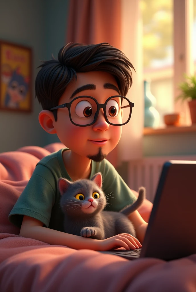 3d animation pixar style, 20 year old boy, fair skin, wearing square glasses with thin frames, short dark brown hair, with a goatee on his chin, lying in the room watching series on the computer, together with a gray kitten with yellow eyes