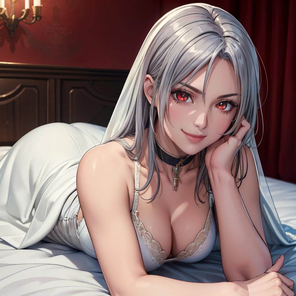 (masterpiece, best quality, beautiful and aesthetic:1.3), Elegant mature woman, 1woman, long silver hair, small breast, red eyes with slit pupils, ((silver wedding dress)), garterbelt with gold stocking, laying top of bed, bedroom, light smile