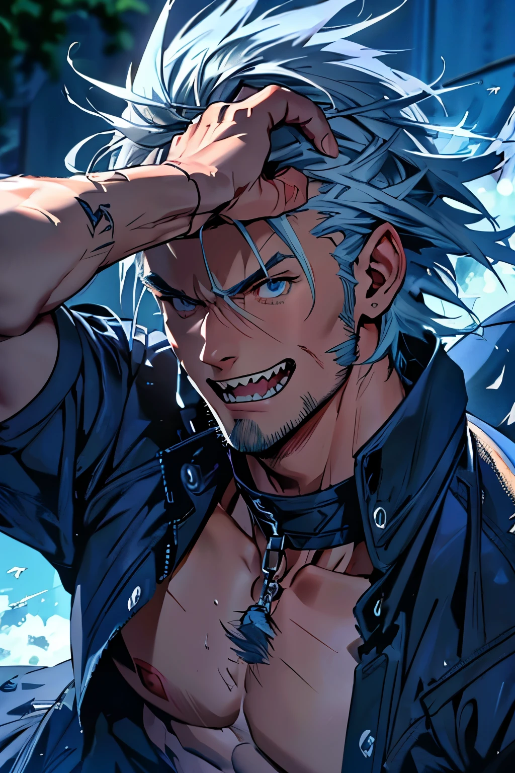 Chisled festures, male, anime male, shark teeth, chisled abs, six pack abs, mid length blue and grey hair, blue eyes, sharp teeth, muscle shirt, defined teeth, detailed facial features, dynamic pose sharp shark style teeth