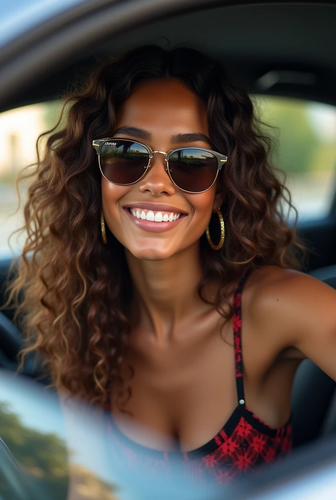 (photorealism:1.2), beautiful woman, long curly hair, smiling, sassy, ready to go shopping in car, relaxed pose, extremely realistic, intricate details. Sunglasses, 