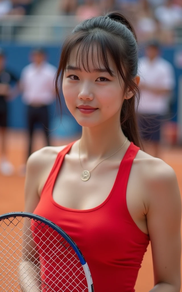Ultra-high resolution,High-resolution details,Olympic women's tennis,Red outfit,Half-length photo,Hold a tennis racket in hand,Interview with journalists,20-year-old Korean girl,cute,Fair skin,Ultra-white skin,The facial features are delicate,Beautiful sexy face,The picture is super beautiful,Olympic Games background,Full audience,The atmosphere was enthusiastic and high