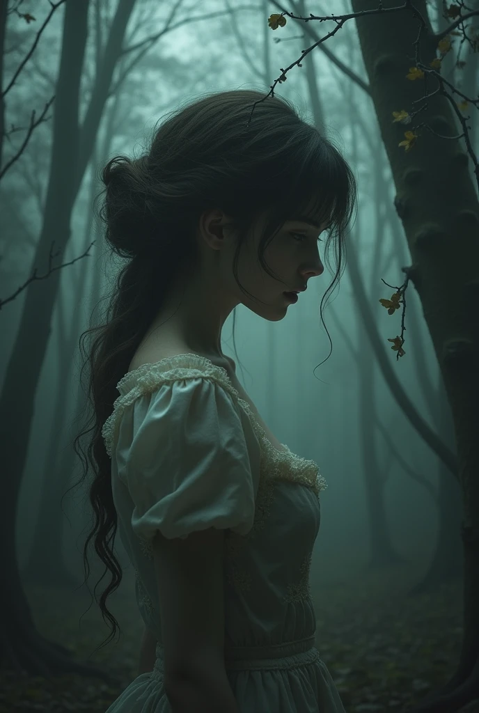 shadows and dark elements subtly creep in from the edges, hinting at the story's hidden darkness of Snow White