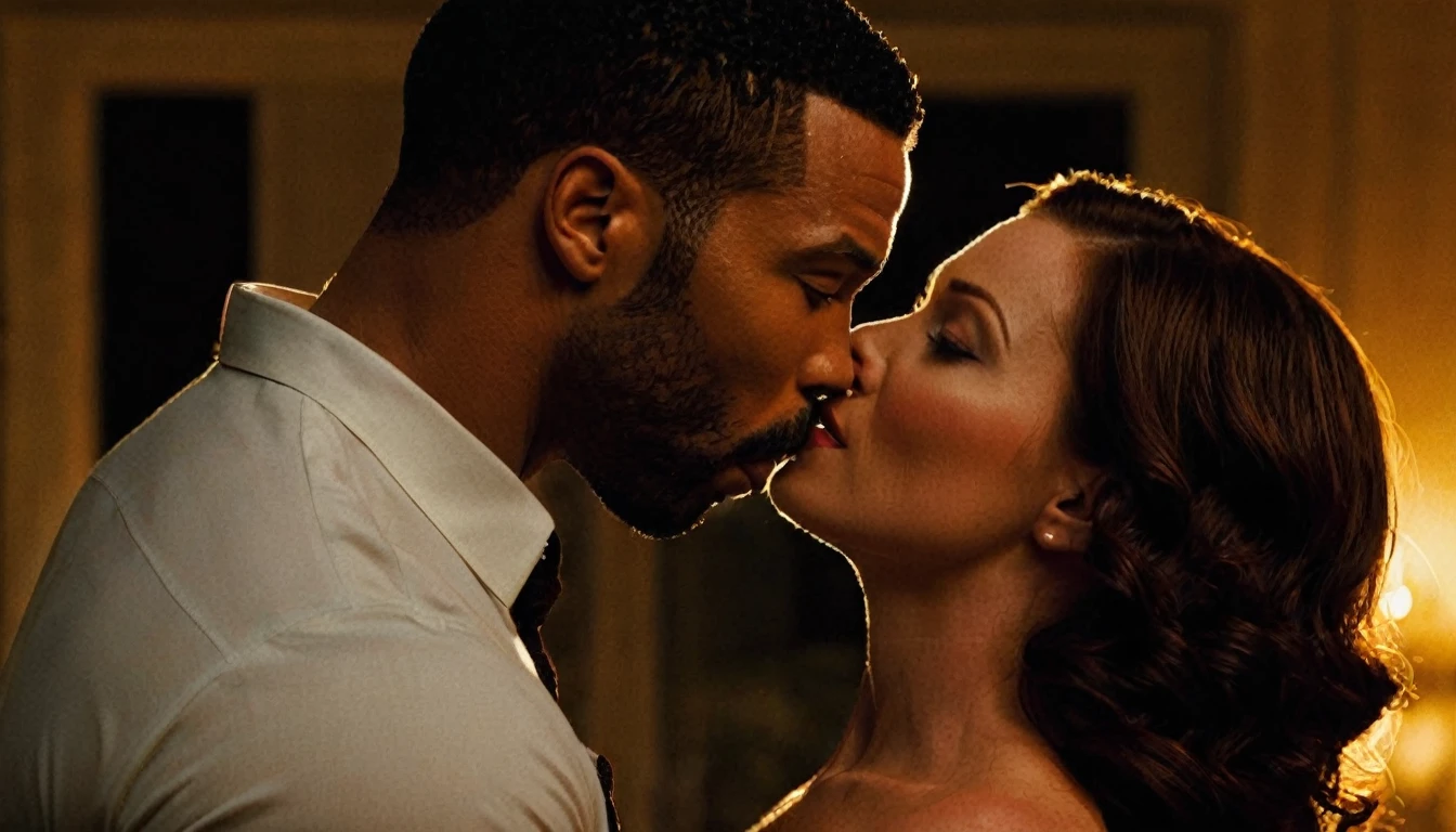 Bridget Regan and a handsome African American male whose facial features are a combo of Omari Hardwick + Charles Michael Davis + Isaiah Mustafa share a steamy kiss inside a bedroom lit only by candlelight. Bridget has lovely makeup on her face. Nighttime. Romantic ambiance. Symmetrical eyes. Symmetrical faces. Lovely details. Photorealistic. Full-colored photo. Professional photo. Highly detailed 8K.