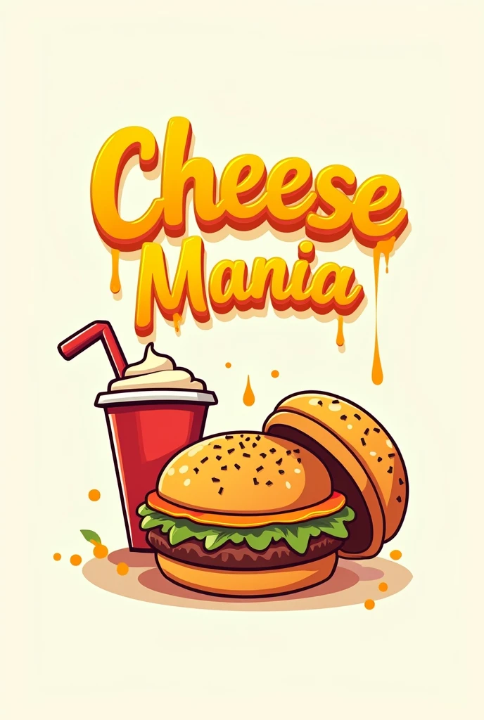 Create a logo with a cup with a straw, crisp, burger all the elements side by side and below the name CHEESE MANIA in yellow with cheese melting on top of the letters 