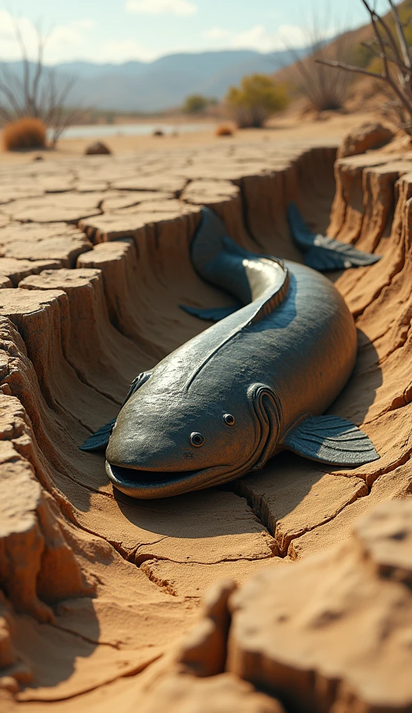 Create an image of a lungfish burrowed into the ground, surviving without water.4k