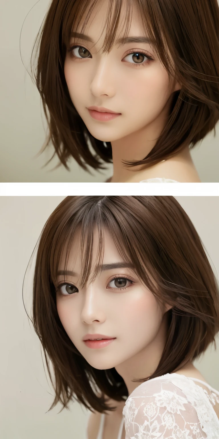 masterpiece、highest quality、High resolution、table top、wallpaper、realistic、bright lighting、professional lighting、face light、smooth lighting、japanese woman、adult、Beautiful woman、action、gravure、sexy、poor、super beautiful、beautiful skin、beautiful and detailed eyes、detailed face、slim、moderately、short hair、brunette colored hair、brown eyes、look at the camera、i have lemon
