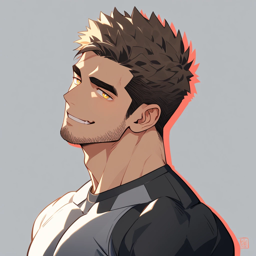 anime characters：Gyee Chris Redfield, Muscle Sports Student, negro black skin, 1 dark skin muscular tough guy, Manliness, male focus, Light yellow high collar long sleeve tight T-shirt, Slightly transparent material, Very tight, Round, full and perky chest muscles, Slightly transparent, muscular male, muscular, only, Upper body, alone, Black short hair, Thick eyebrows, stubble, Yellow eyes, Grey background, simple background, amazing quality, best aesthetics, Ridiculous, bright pupils, crew cut, parted lips, seductive smile, torogao, naughty face, moaning, drop shadow, best quality