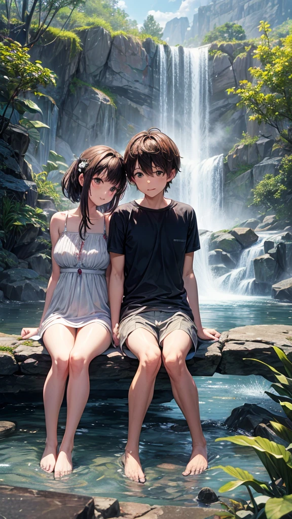 A couple is sitting under a waterfall. The couple is wearing short clothes. It is evening and they are also some animals.