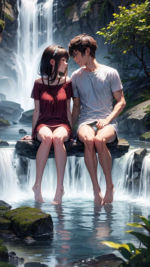 A couple is sitting under a waterfall. The couple is wearing short clothes. It is evening and they are also some animals.