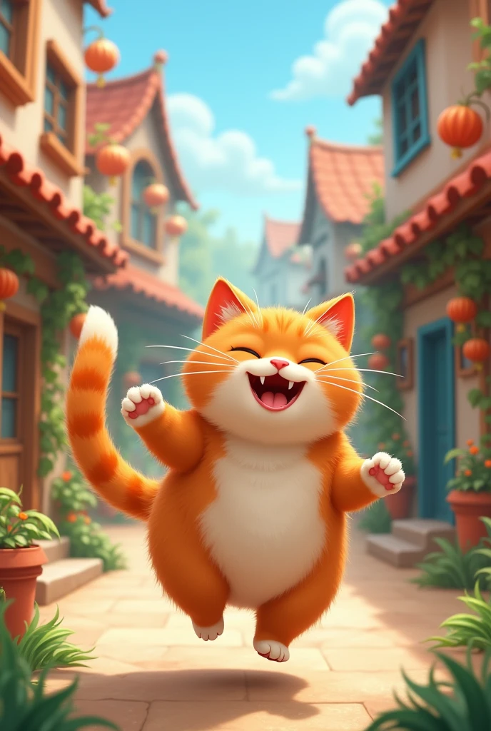 Happy Cat Miaow**: A final image of a restored, cheerful Miaow playing in the village again.