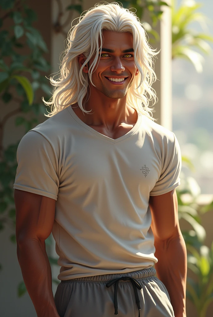 Attractive smiling 26 year old man with athletic body dressed in sweatpants and a loose t-shirt, Her skin is dark and her white hair is waist-length, matching her yellow eyes.