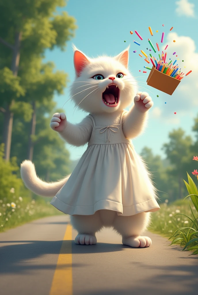 the white cat mother in dress throw the all pencils colors box on the road in angry mood