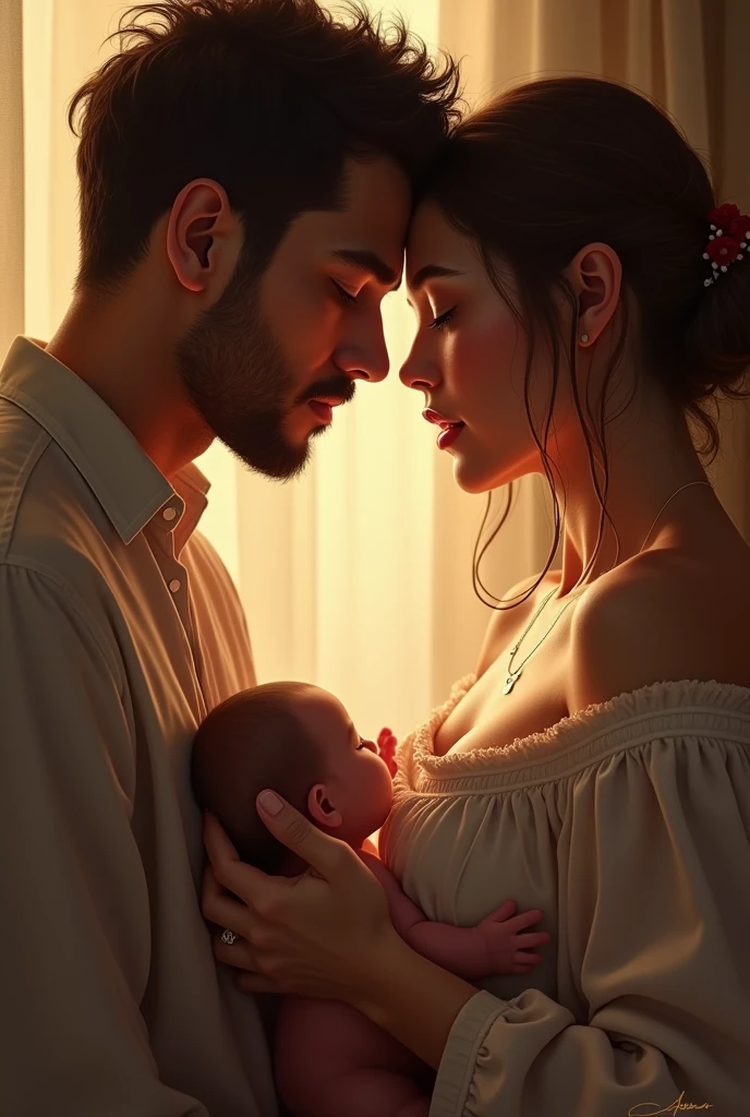 Create an image of a loving couple being separated by magic while a child is cured of terminal cancer as they cry 
