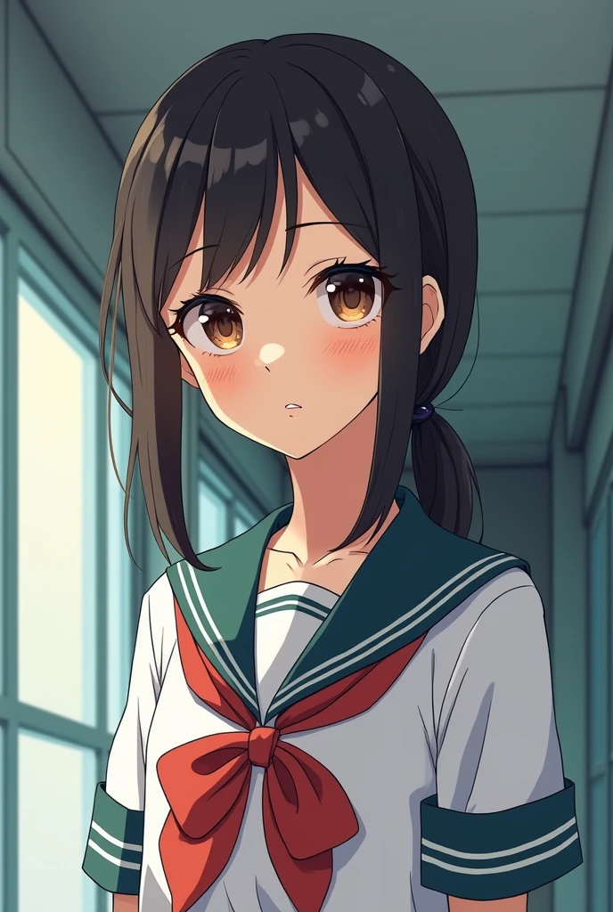A beautiful but young high school girl with a dog leash on her neck in anime style