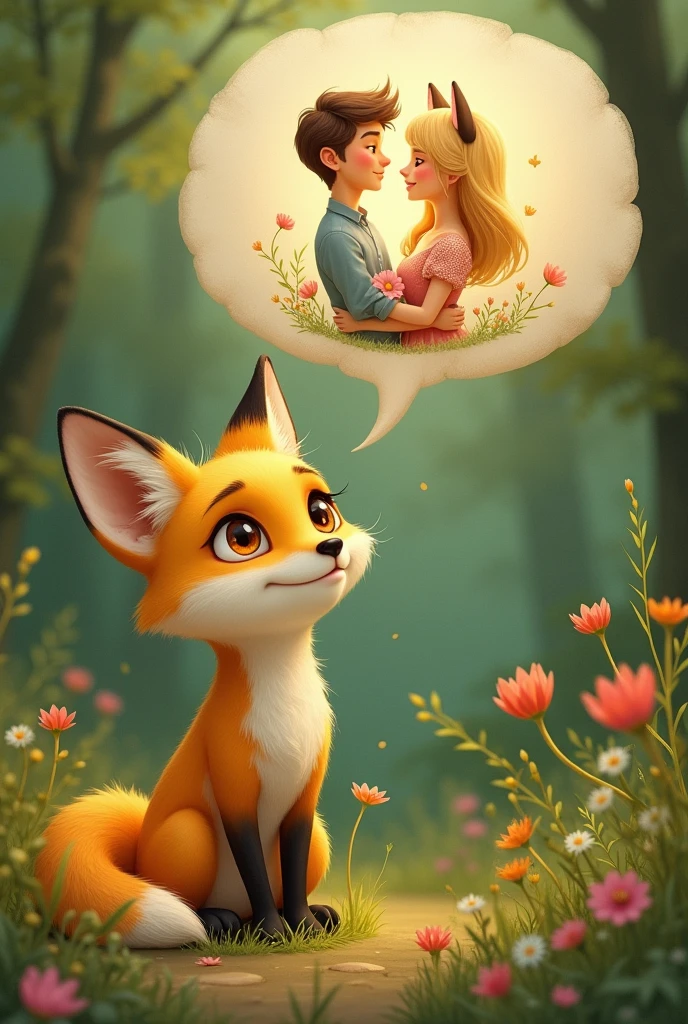 Realistic and cute,A yellow female fox who longs for love,Stand up,Speech bubble above head,A scene of love between a man and a woman appears in the bubbles,Cute realistic style,Surrounded by love,Background forest garden