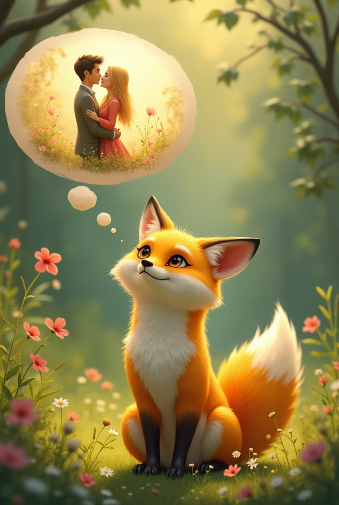 Realistic and cute,A yellow female fox who longs for love,Stand up,Speech bubble above head,A scene of love between a man and a woman appears in the bubbles,Cute realistic style,Surrounded by love,Background forest garden