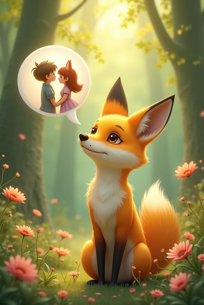 Realistic and cute,A yellow female fox who longs for love,Stand up,Speech bubble above head,A scene of love between a man and a woman appears in the bubbles,Cute realistic style,Surrounded by love,Background forest garden