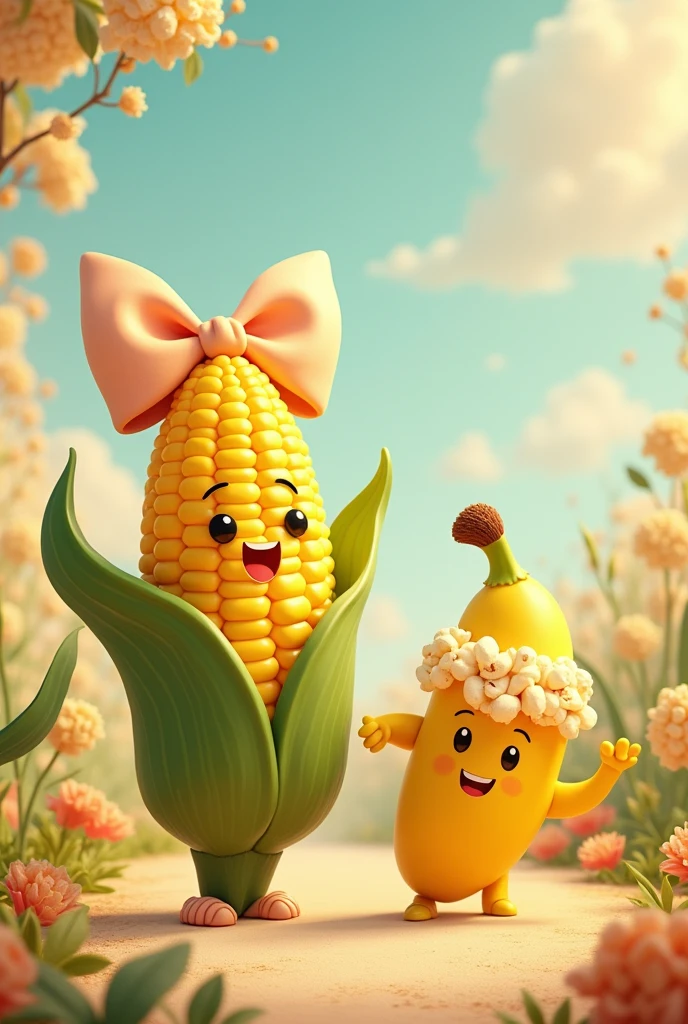 Corn with a big bow on its head, popcorn and banana groom with hair