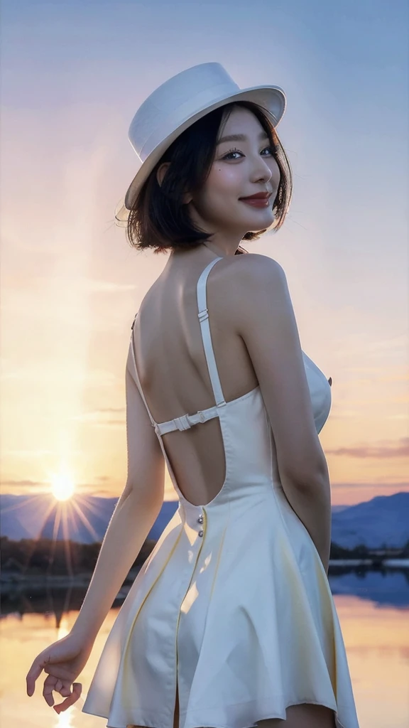 1 girl, masterpiece, extremely detailed, (beautiful detailed glitter), Lens flare, by white, short hair, by the floating, looking back, back behind, smile, blue eyes, White dress, medium breasts, Upper part of the body, plano general, top-hat, ((Salar de uyni)), sunrise, clouds, backlighting, purple sky, yellow sky, gradient sky, hands in the hat, NSFW