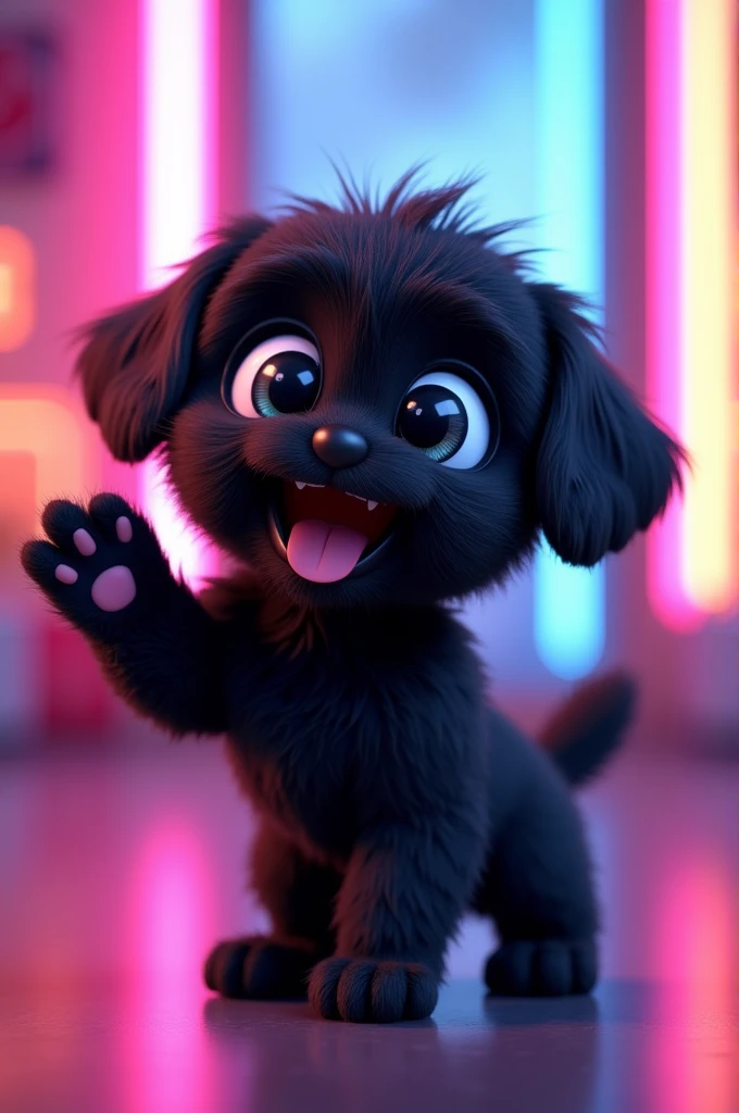 Masterpiece, Best quality, 3d, a cute black shih tzu puppy with bright blue eyes, waving at me, catoon, reality neon lights in background 3D Pixar style