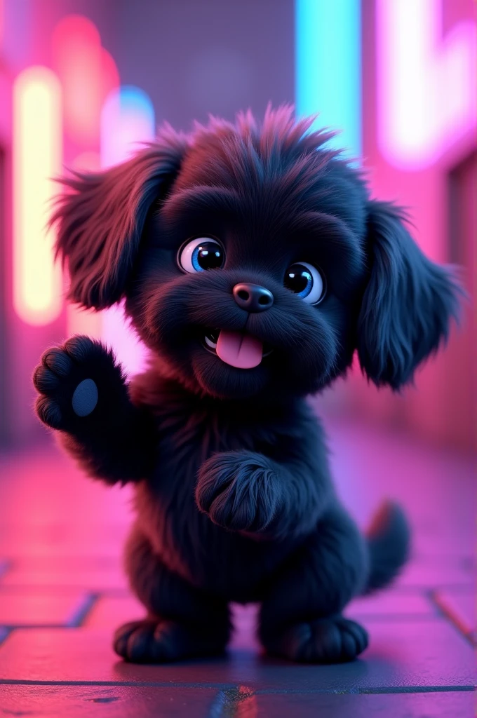 Masterpiece, Best quality, 3d, a cute black shih tzu puppy with bright blue eyes, waving at me, catoon, reality neon lights in background 3D Pixar style