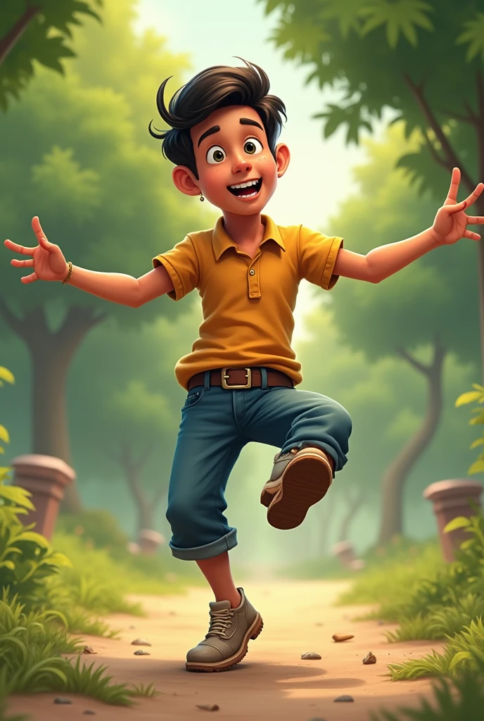 Bunty hops on one leg while saying 'Alla-Gulla-Chham-Chham.'**
- "Bunty young man
stands on one leg, hopping and shouting 'Alla-Gulla-Chham-Chham,' looking completely naive and funny." In the park
