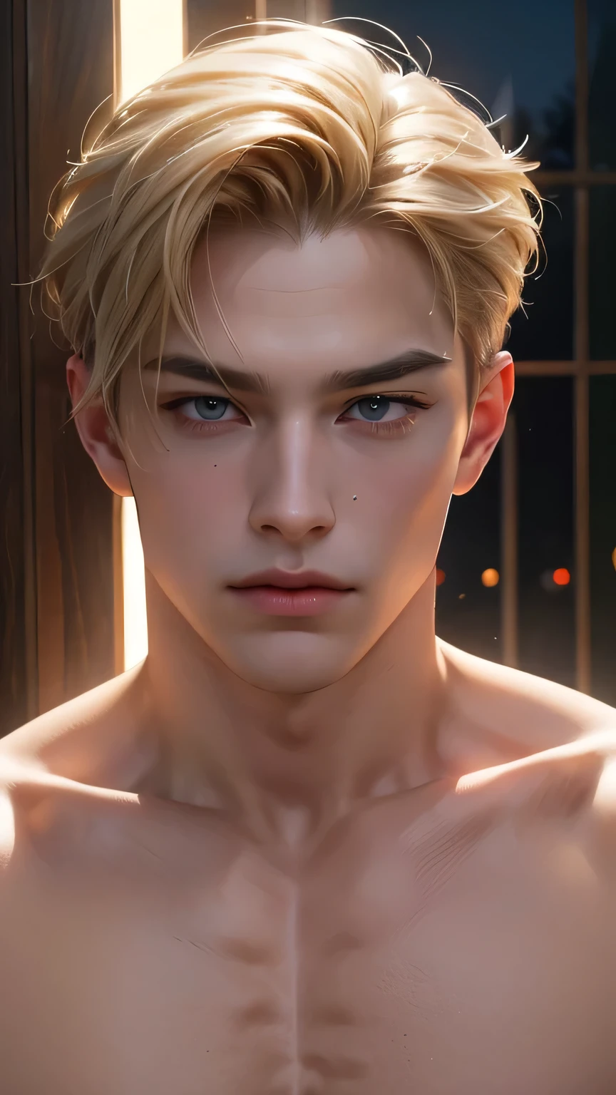 blond man, Looking at this, Realistic, bodybuilder, Sexy costume and underwear, at night forest. (Pointy groin bulge)､masterpiece, 最high quality, high quality, High resolution、Super detailed photos、(Natural skin texture、Detailed skin、Hyperrealism、Ultra Sharpness)、Skin with attention to detail、(Very detailed、Detailed skin texture、Intricate details、Beautiful Face、(A vivid face)、Realistic eyes、Beautiful and fine details、Realistic Skin、Beautiful skins、超Realistic、Very detailed、Golden Ratio