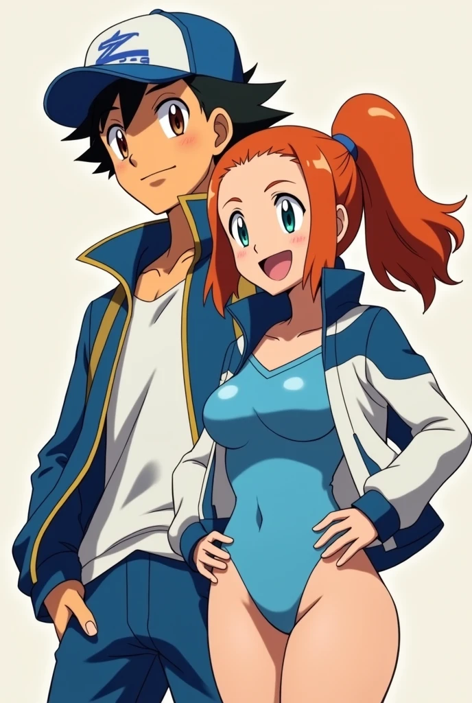masterpiece, Best Quality, A high resolution, premium, animated style, ash/satoshi(high, 30 years, black hair, blue cap, Brown eyes, Pokémon Trainer) the best lighting, tender face, misty/kasumi, 1 woman, high, 30 years, blue swimsuit, white jacket with blue collar, orange hair, short hair tied in a side ponytail, shoulder length hair, green eyes, dynamic angle, Confident smile, Deep and vibrant colors, beautiful short dress, simple and neutral background
