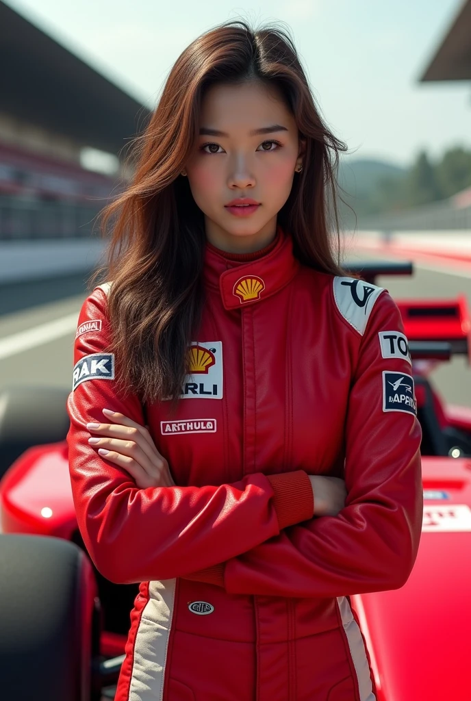 whole body、4K,8k,masterpiece,Authenticistic)A Japanese female racer wearing a red racing suit is standing in front of a red racing car Brown Hair Ai Shinozaki Monza Circuit Stand with your arms crossed Portraiture Pouch