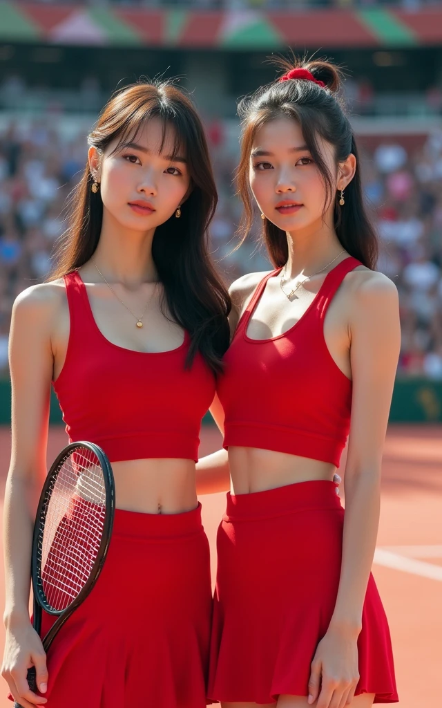 Ultra-high resolution,High-resolution details,Olympic women's tennis,Red outfit,Half-length photo,Hold a tennis racket in hand,Interview with journalists,2 Korean girl,cute,Fair skin,Ultra-white skin,The facial features are delicate,Beautiful sexy face,The picture is super beautiful,Olympic Games background,Full audience,The atmosphere was enthusiastic and high
