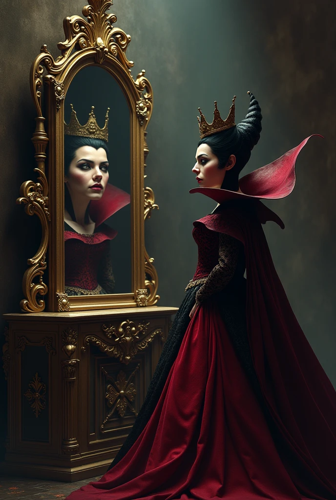 The evil queen stands before a large, ornate mirror, her face twisted in jealousy. The mirror reflects Snow White's innocent beauty, while the queen's expression becomes darker, her eyes full of malice.