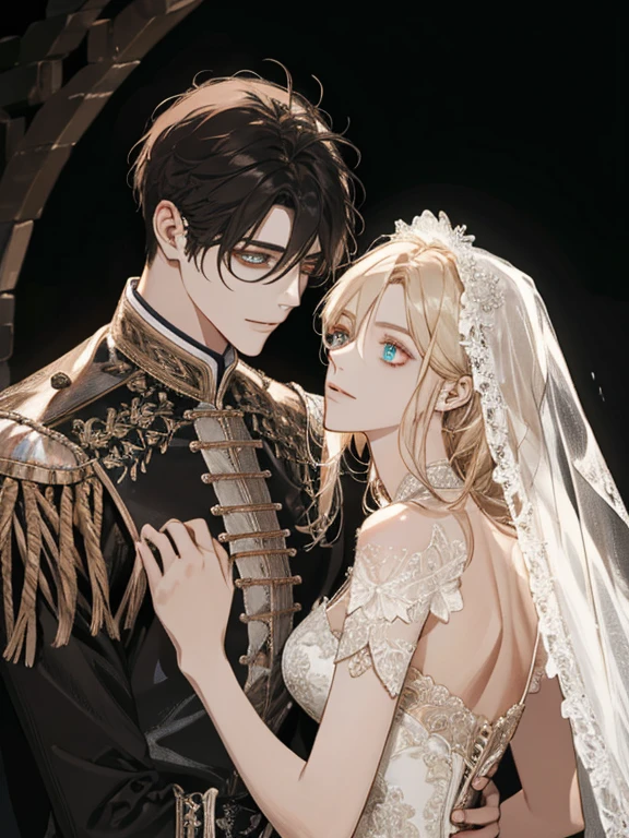 (extreamly delicate and beautiful:1.2), 8K, (masterpiece, best:1.0), Two Men, body complet, a blond, black-haired, seethru , knights, Man wearing a veil、Wedding between guys, sacred place, and intricate detailing, and intricate detailing, finely eye and detailed face, Perfect eyes, Equal eyes, (A male god), Fantastic lights and shadows、landscapes、florals, Uses backlight and rim light